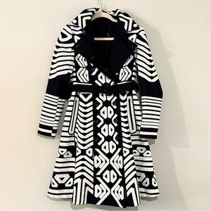 Black & White Geometric Belted Trench Coat Statement Pattern Coat